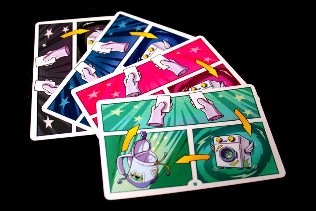 Four colorful game cards with illustrated hands and arrows, depicting game mechanics or actions.