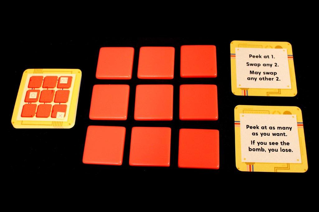 A layout of red tiles arranged in a 3x3 grid alongside action cards for a board game, featuring instructions and gameplay elements.