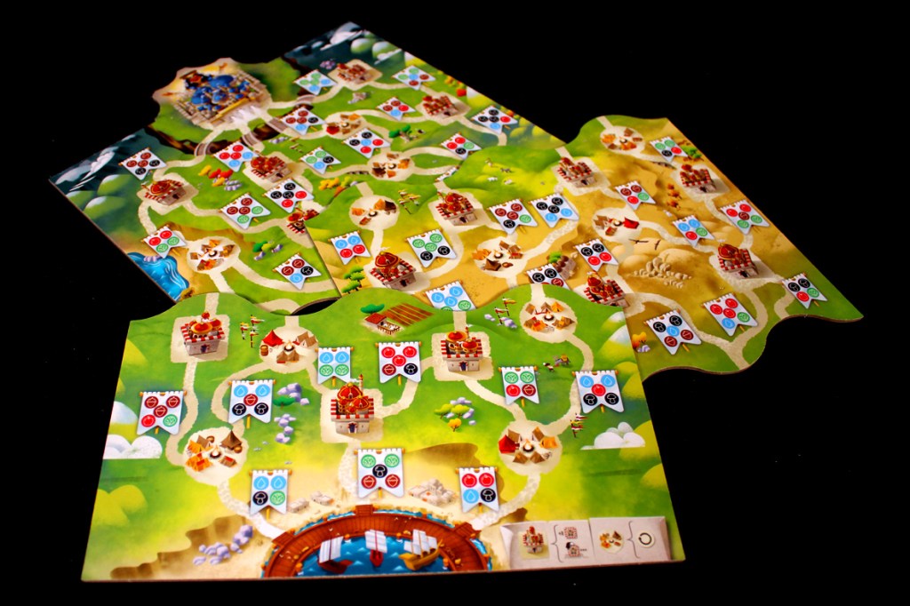 A colorful board game map featuring various pathways, settlements, and resources, designed for strategic play.