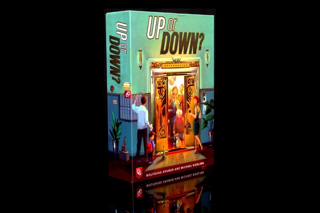 A colorful board game box titled 'UP or DOWN?' featuring illustrations of people in an elevator and playful elements, set against a dark background.