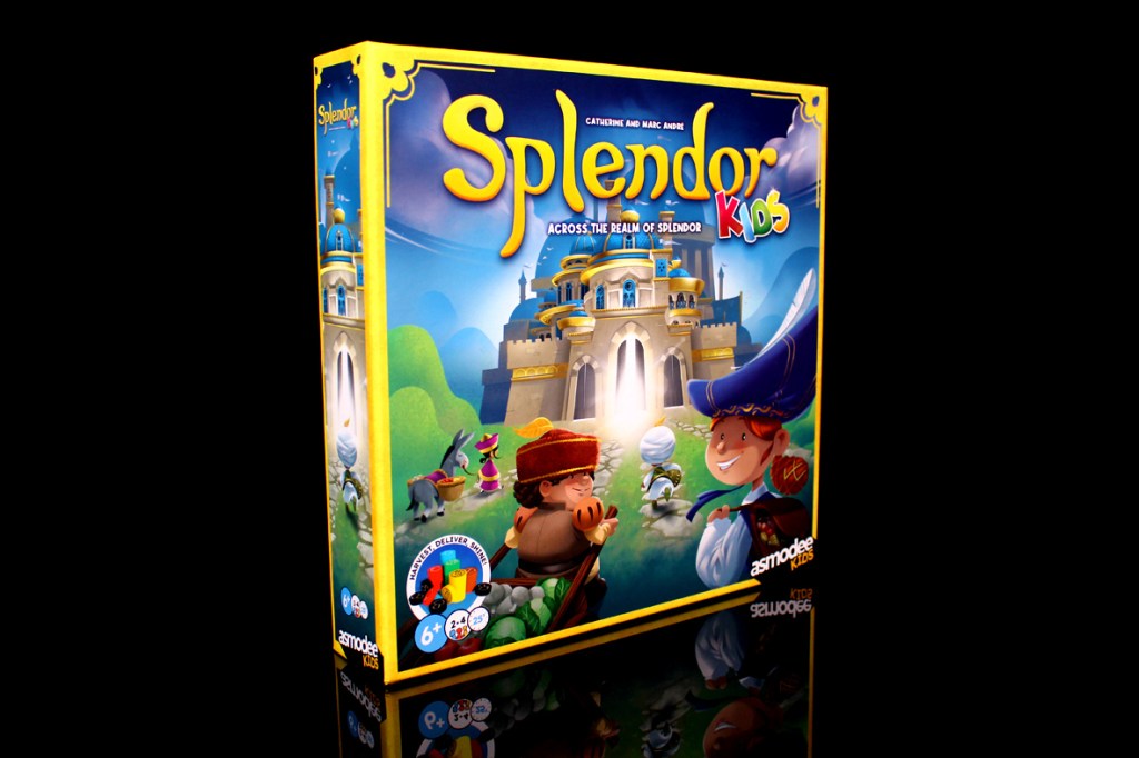 Box art of the board game 'Splendor Kids', featuring colorful illustrations of characters and a castle in a fantasy setting.