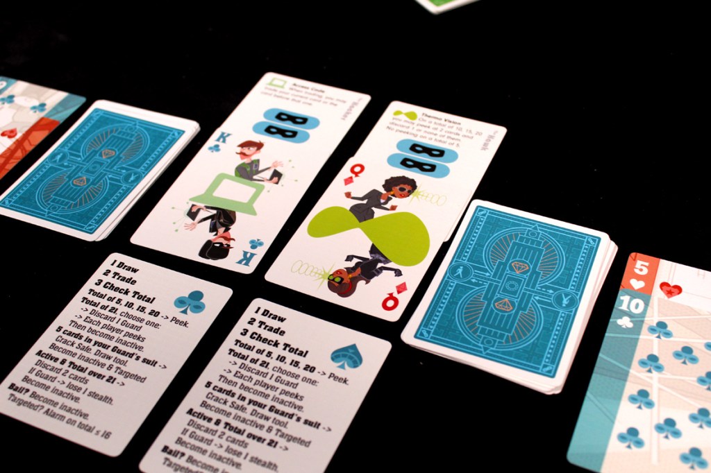 A layout of playing cards featuring colorful illustrations and game instructions. The cards include character designs and unique actions alongside standard playing card backs and values.