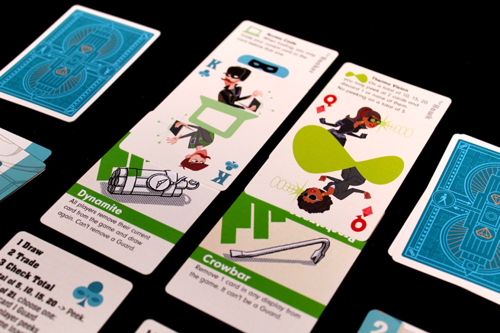 A collection of playing cards featuring colorful illustrations, including characters and game instructions. The cards display terms like 'Dynamite' and 'Crowbar', along with descriptions of game mechanics against a black background.