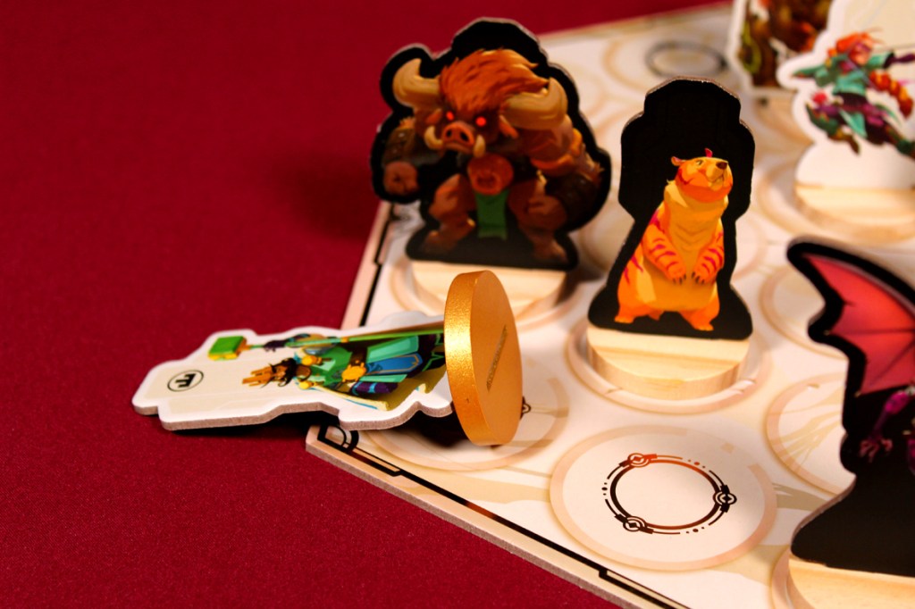 A colorful board game scene featuring various character tokens, including an animal figure and a hero, on a patterned game board with a red background.