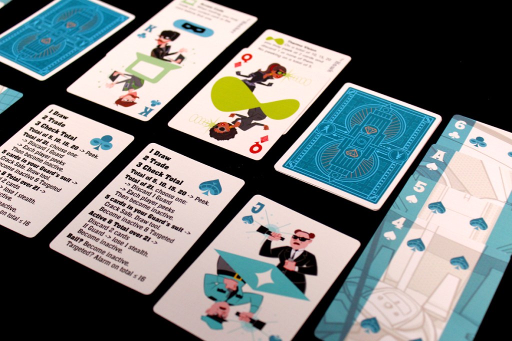 A layout of playing cards on a black surface, featuring illustrated characters and game instructions. The cards include designs with symbols and colors, showcasing various actions and rules involved in a card game.