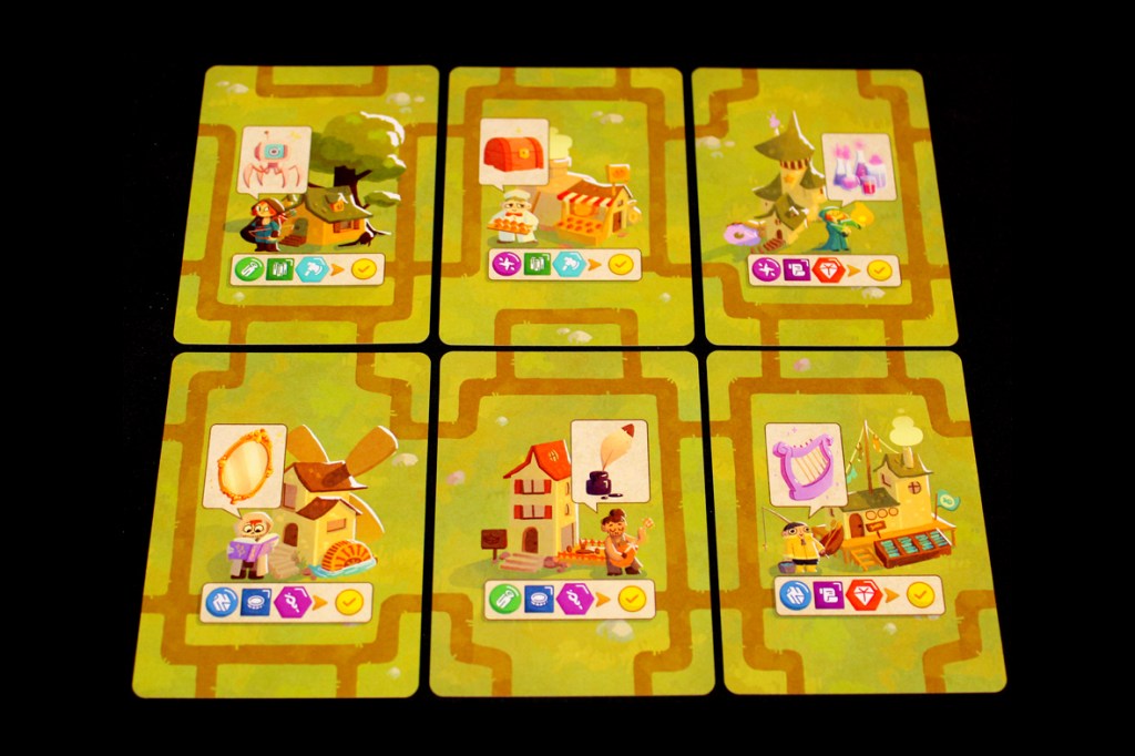 A layout of six game cards from the board game 'A Dragon's Gift', featuring whimsical illustrations of villagers and crafting resources against a green background.