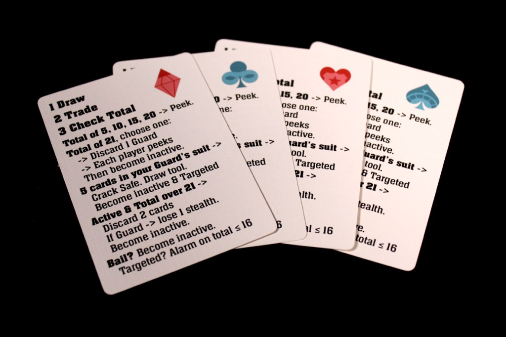Four game cards with instructions and actions for gameplay, including rules for drawing, trading, and checking totals.