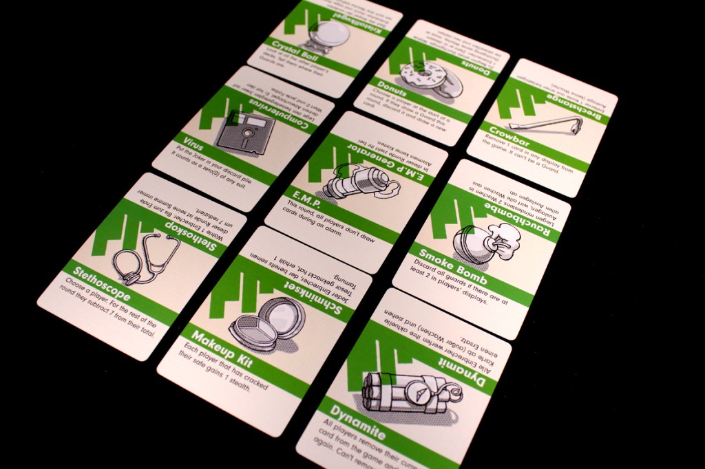 A layout of game cards featuring items like a stethoscope, makeup kit, and smoke bomb, each with illustrations and descriptions, arranged in a neat grid on a black background.