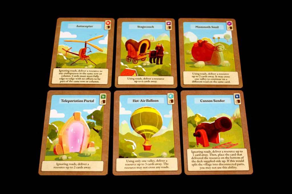 Cards illustrating different transport options for delivering resources in the game 'A Dragon's Gift'.