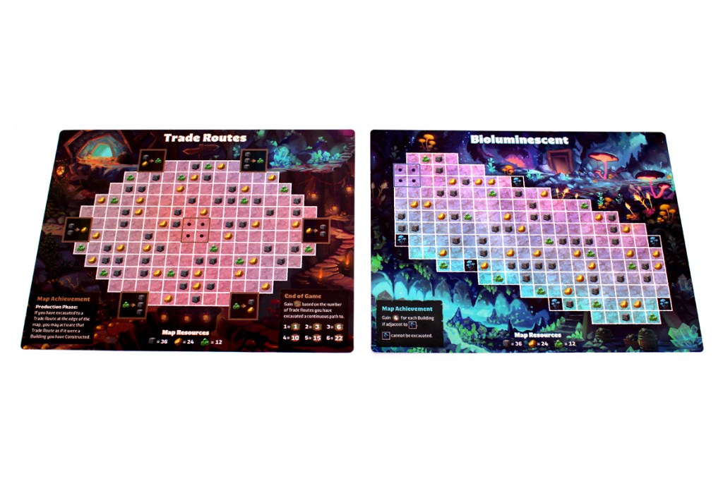 An image showing two game map boards: one labeled 'Trade Routes' featuring a grid layout with resources, and the other labeled 'Bioluminescent' featuring a similar grid with different resources. Both maps include achievement and resource information.