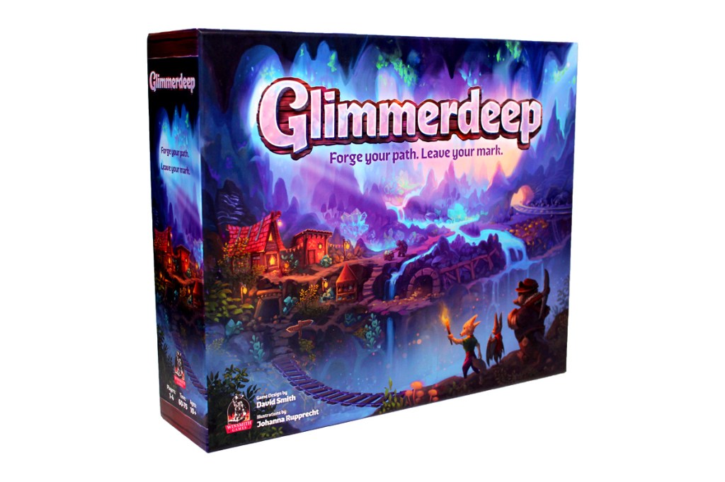 Box cover of the board game 'Glimmerdeep' featuring a colorful fantasy scene with a village, waterfall, and characters in a mystical landscape. The title is prominently displayed along with the tagline 'Forge your path. Leave your mark.'