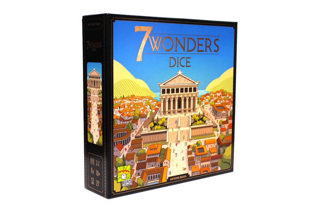 Box of the board game '7 Wonders: Dice' featuring colorful artwork of a cityscape and a prominent ancient building.