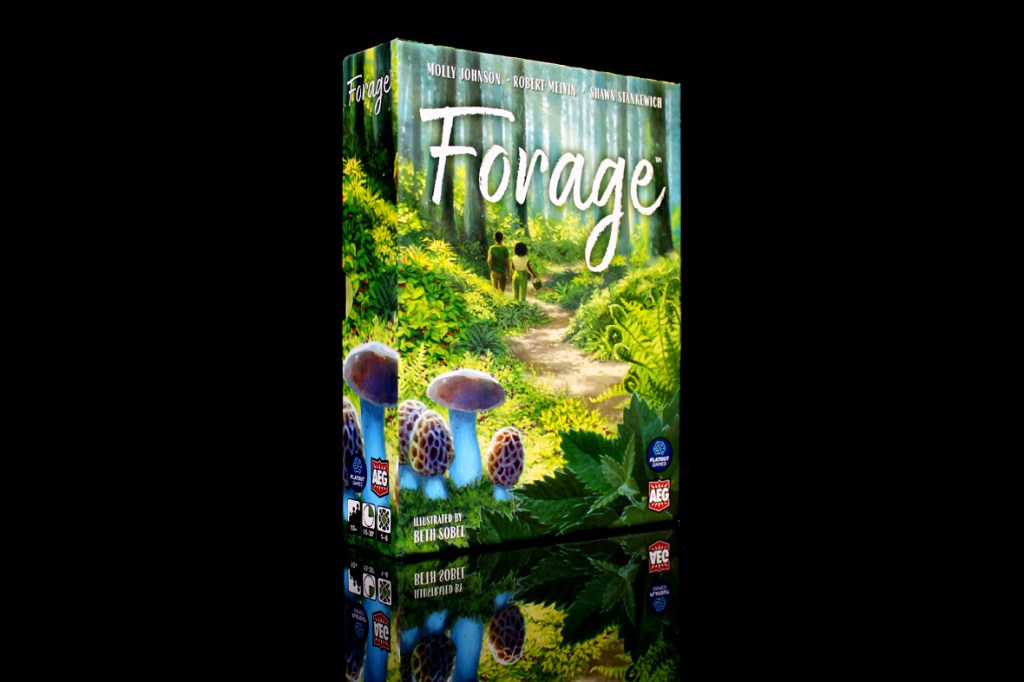 Box cover of the board game 'Forage', featuring a lush forest scene with mushrooms, greenery, and two figures walking along a path.