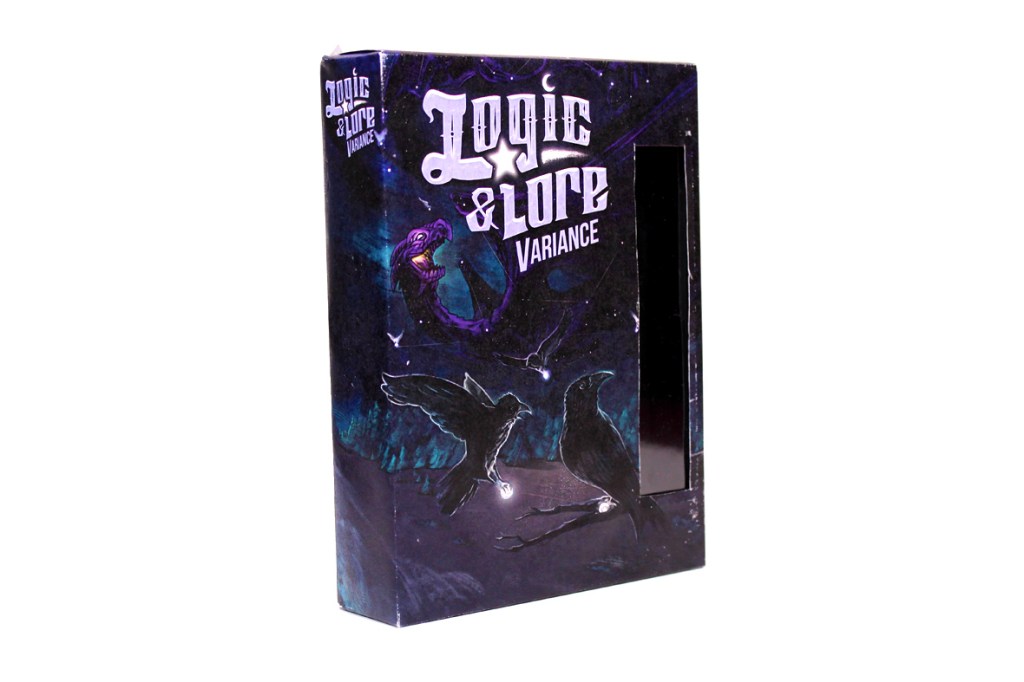 A boxed game titled 'Logic & Lore: Variance' featuring colorful artwork, including a purple serpent and black ravens set against a dark, cosmic background.