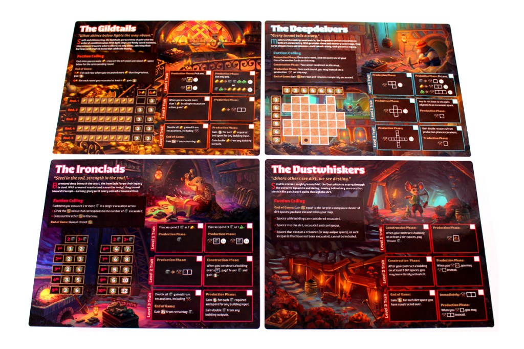 Four game boards for different factions, including The Gildtails, The Deepdelvers, The Ironclads, and The Dustwhiskers, featuring gameplay mechanics, production phases, and illustrations.