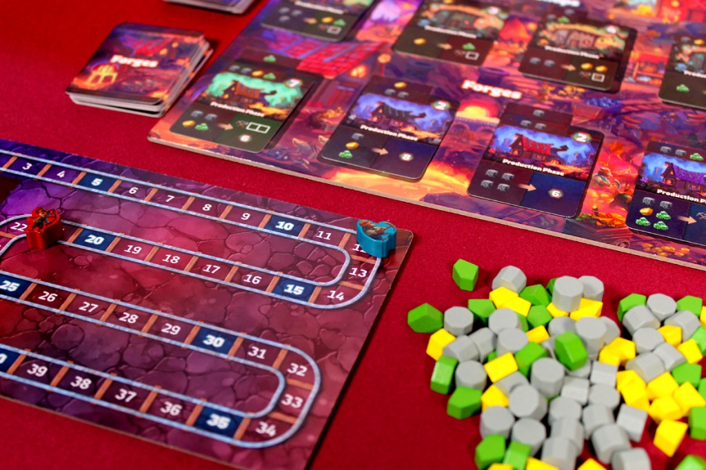 A close-up of a board game setup featuring character tokens on a colorful game board with pathways, cards, and various game pieces in green, yellow, and gray scattered nearby.