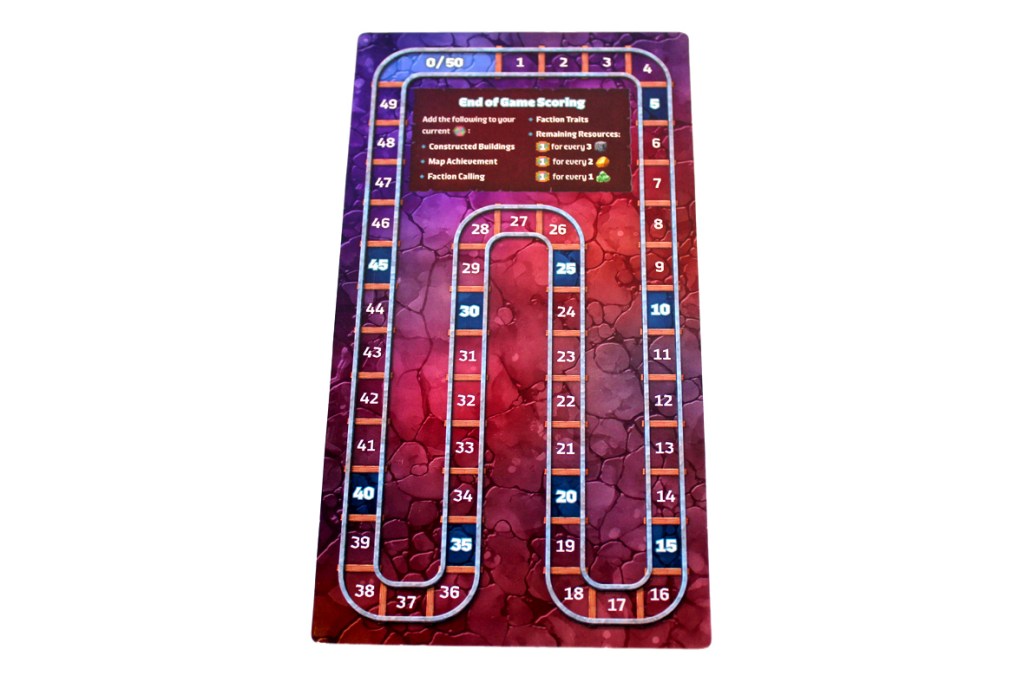 Game scoring track displaying numerical values and end game scoring instructions, featuring categories like Constructed Buildings, Map Achievement, and Faction Calling.
