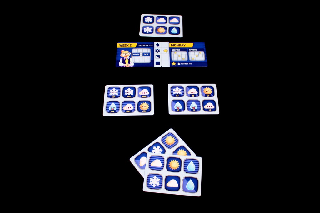 A layout of weather-themed cards featuring snowflakes, sun, clouds, and raindrops, alongside a calendar indicating Week 2 and Monday.