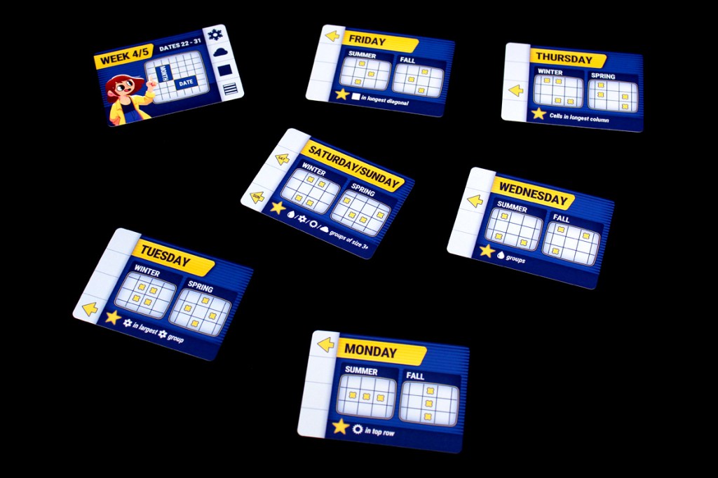 Colorful weekly planner cards displaying days of the week with sections for different seasons and notes about group activities.